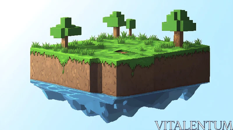 Voxel Landscape with Floating Island and Trees AI Image