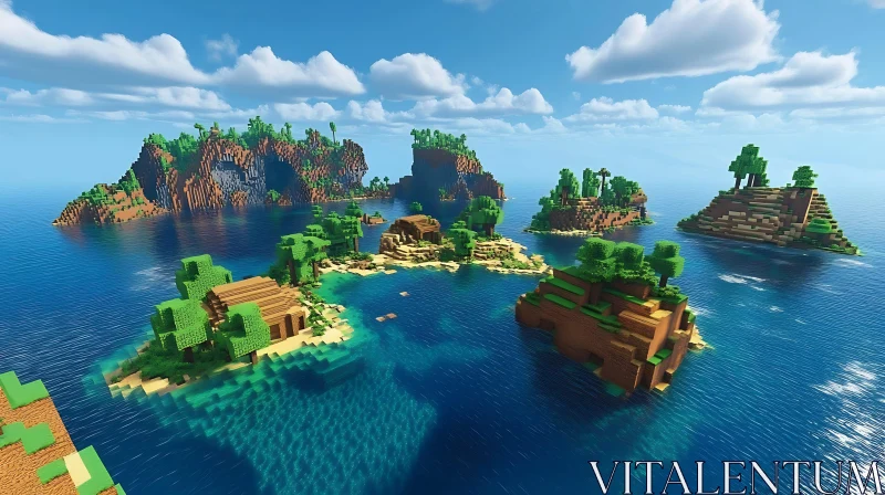 Blocky Island Adventure in Virtual Seascape AI Image