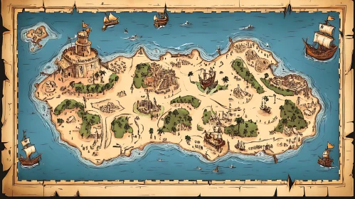 Vintage Treasure Map with Pirate Ships and Island Features