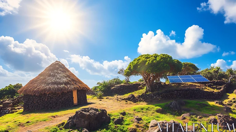 Traditional Stone Hut and Solar Panel under Bright Sun AI Image