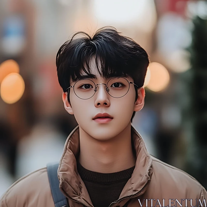 Contemplative Young Man with Glasses in Cityscape AI Image