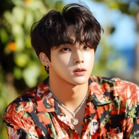 Young Man in Floral Shirt Outdoors
