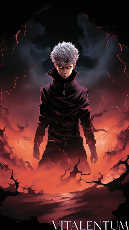 Powerful Anime Figure in Fiery Scene