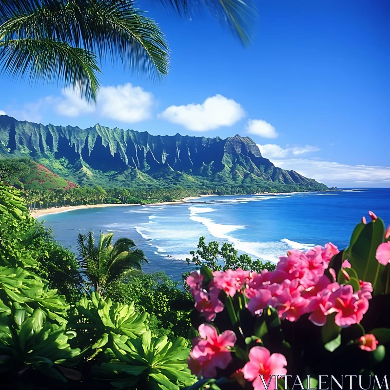 Serene Tropical Coastline with Blossoming Flowers