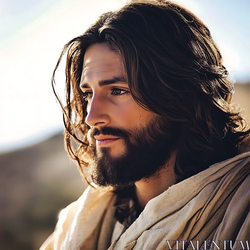 Contemplative Bearded Profile in Natural Light AI Image