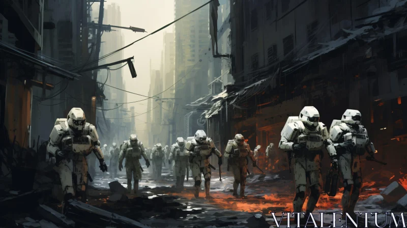 Armored Figures in Ruined Cityscape