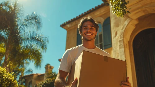 Happy Man with Moving Box in Front of House