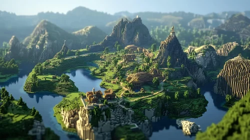 Pixel Art Mountainous Terrain with Lakes and Valleys