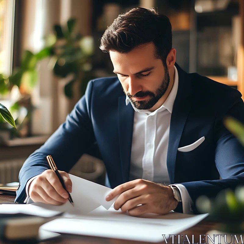 Focused Man in Dark Blue Suit Writing at Office Desk