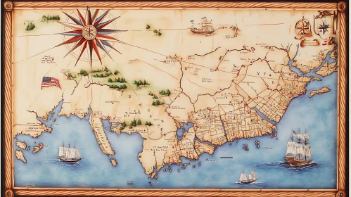 Antique Maritime Cartography with Nautical Ships and Compass Rose