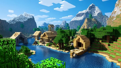 Pixel Art Scenery of a Quaint Village by a River