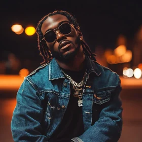 Fashionable Man in Denim Jacket and Sunglasses at Night