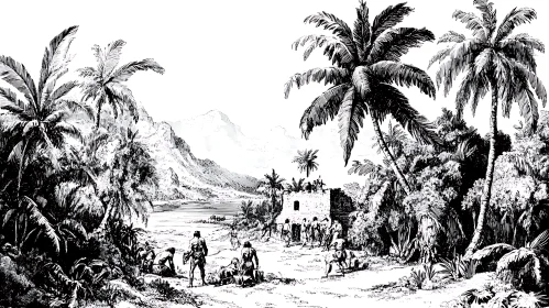 Tropical Island Landscape with Historical Elements