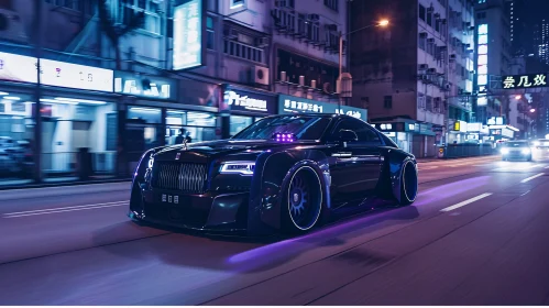Sleek Black Car in Nighttime Urban Setting