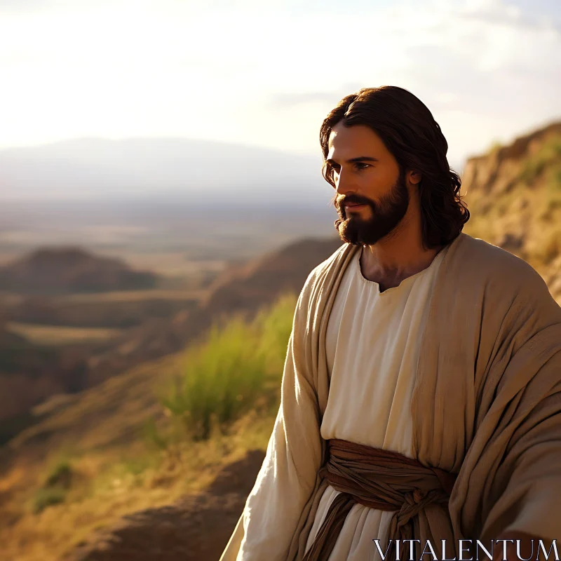 Tranquil Ancient Scene with Bearded Man in Traditional Attire AI Image