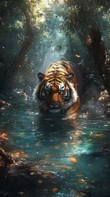 Tiger in Tranquil Forest Waterscape