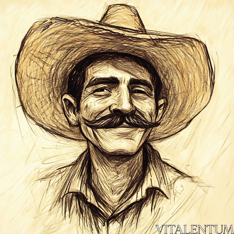 Artistic Sketch of a Man with Mustache and Hat AI Image