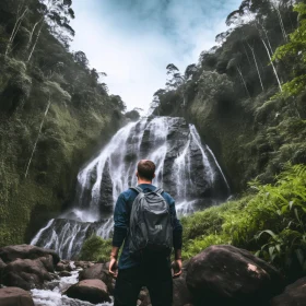 Solitary Trekker in Front of Grand Waterfall