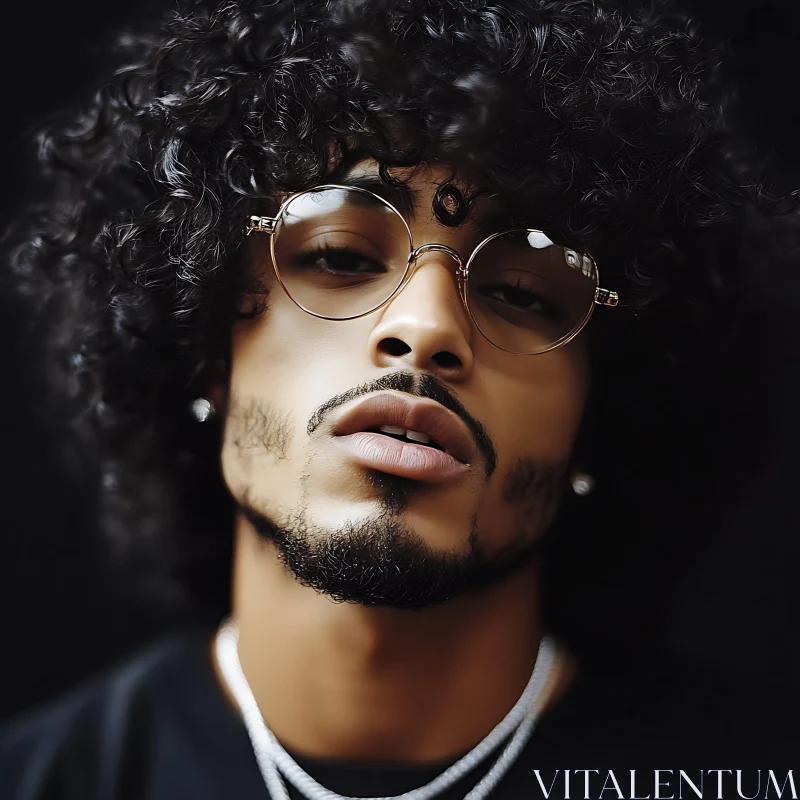 Stylish Man with Curly Hair and Eye-catching Glasses AI Image