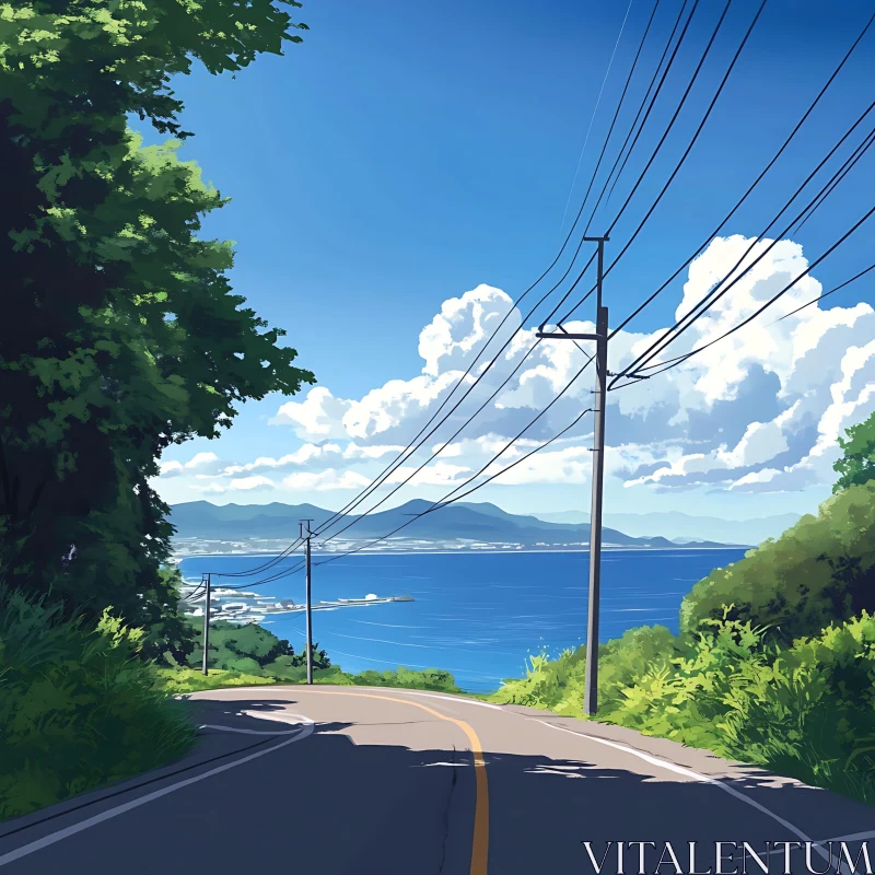 Hillside Road Overlooking the Sea and Mountains AI Image