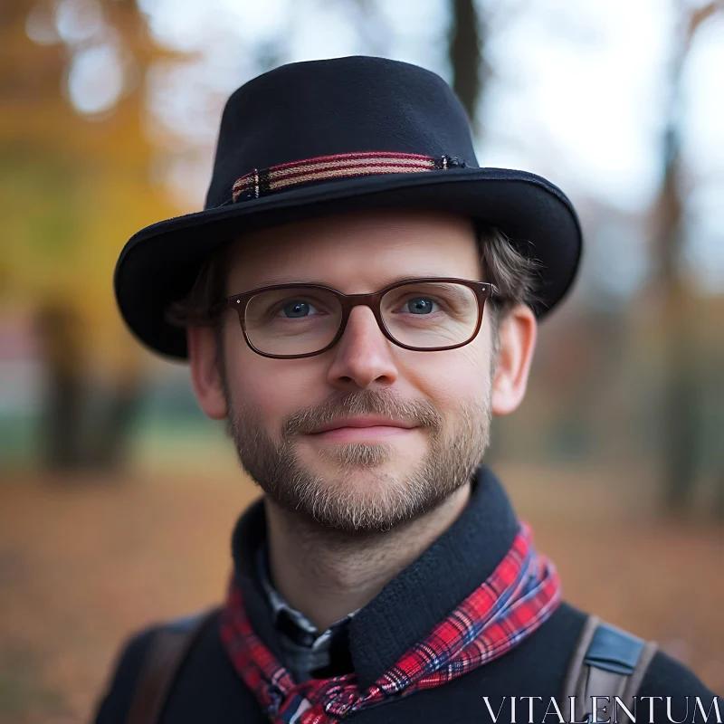 Man with Hat and Scarf in Fall Setting AI Image