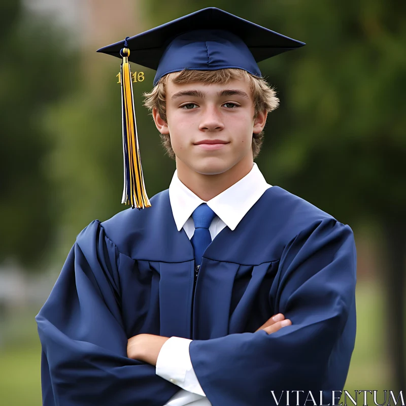 Graduate Outdoors in Navy Blue Attire AI Image