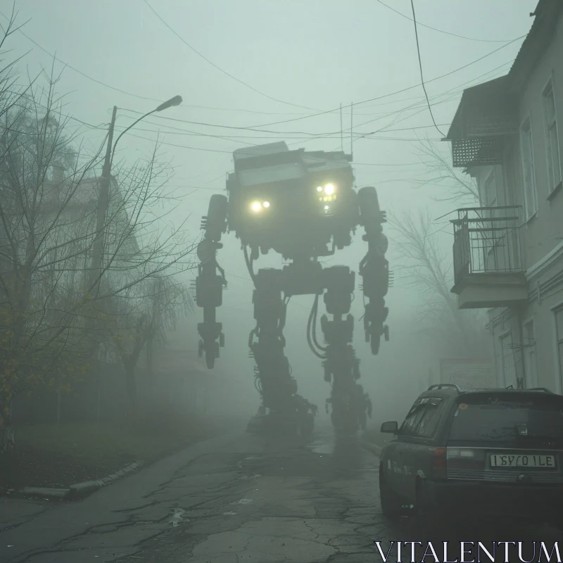 AI ART Mysterious Robot in Misty Cityscape