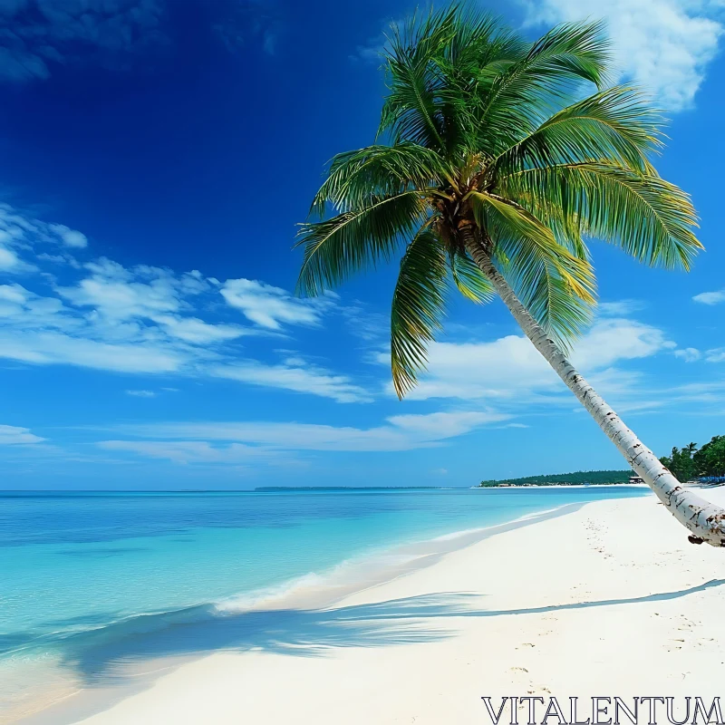 Idyllic Beach Scene with Leaning Palm Tree AI Image