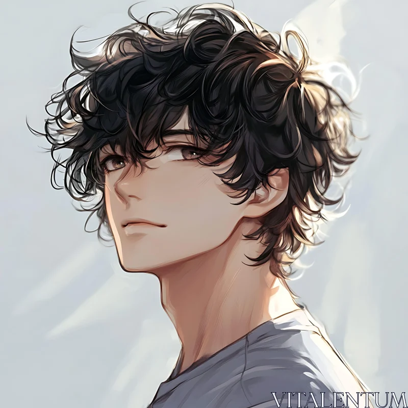 Anime Character with Dark Curly Hair and Serene Expression AI Image