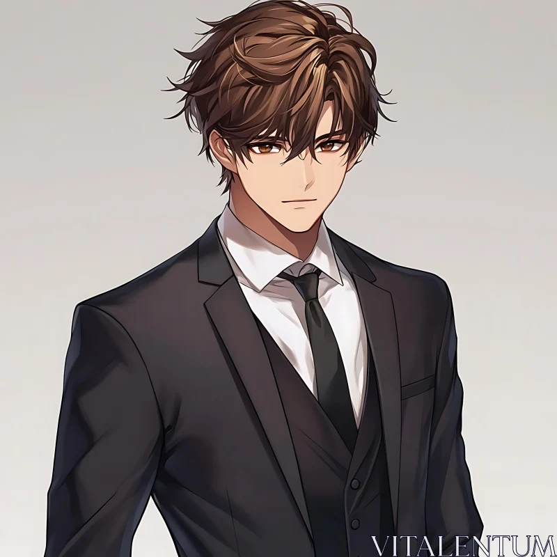 AI ART Serious Young Man in Black Suit - Anime Style