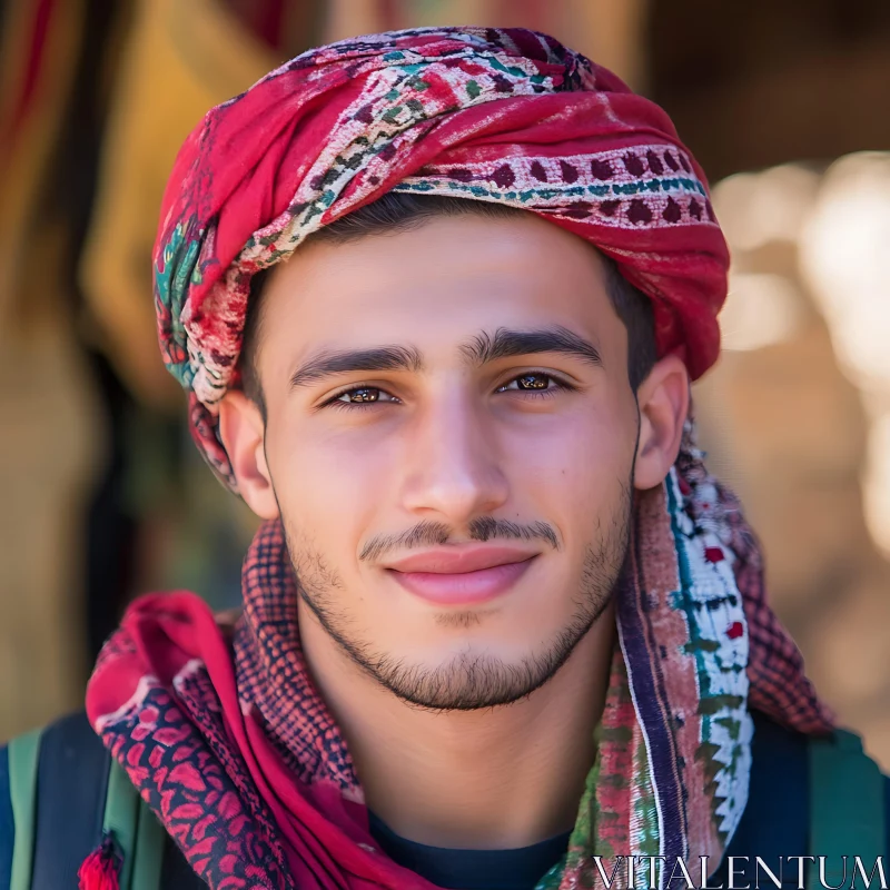 Smiling Man in Traditional Red Turban AI Image