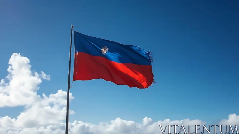 Frayed Flag Waving in Blue Cloudy Sky AI Image