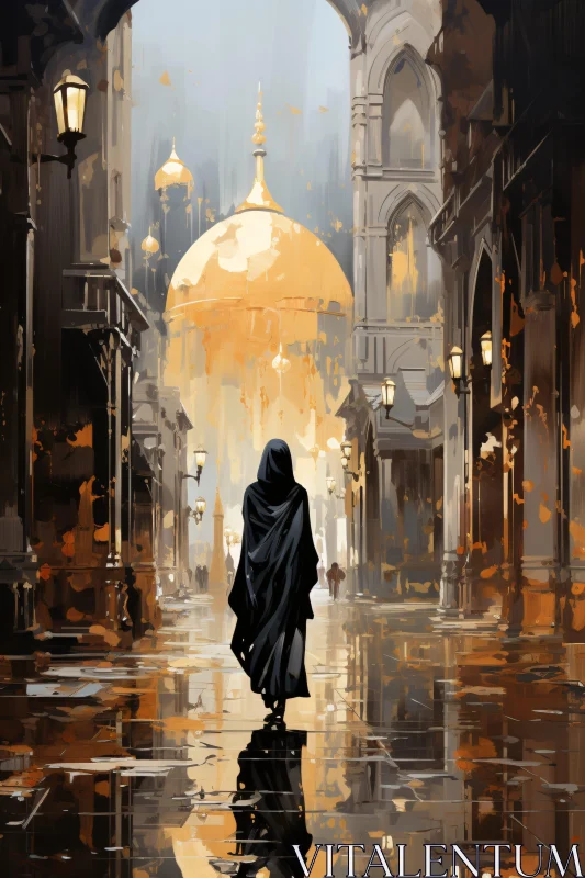 Enigmatic Journey in a Golden City AI Image