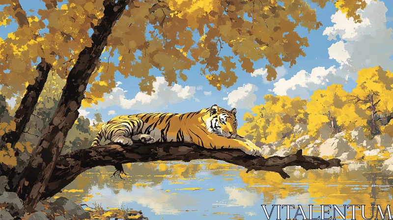 Tiger Relaxing on Tree Branch in Picturesque Setting AI Image