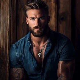 Charismatic Bearded Man Against Wooden Background