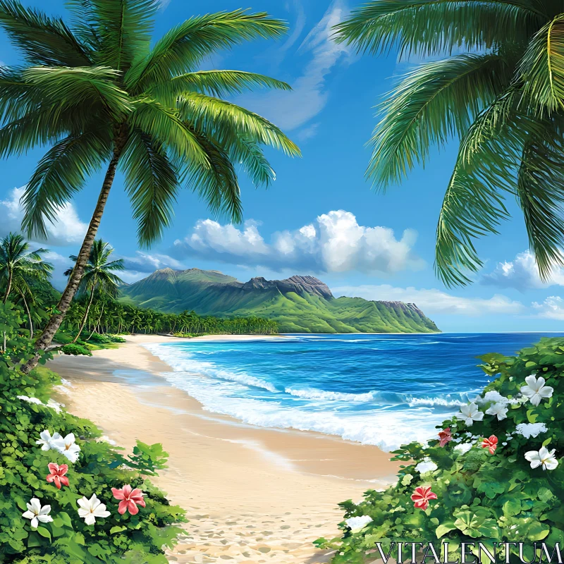 Idyllic Beach Scene with Lush Nature AI Image