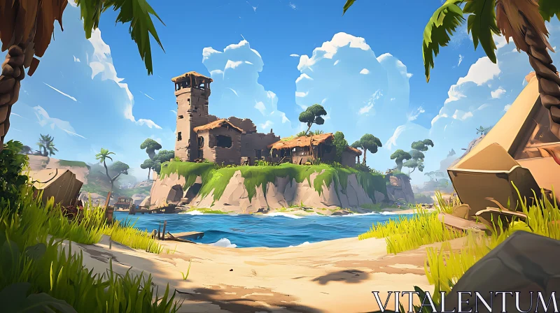 Tranquil Coastal Island with Ruins and Lush Nature AI Image