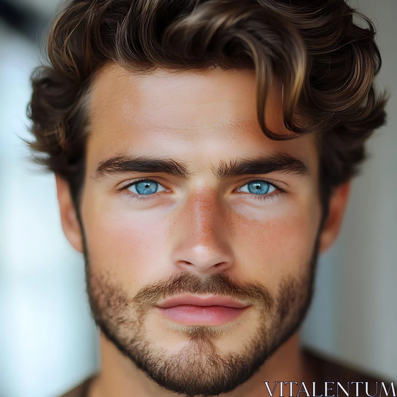 Handsome Man with Curly Hair and Blue Eyes AI Image