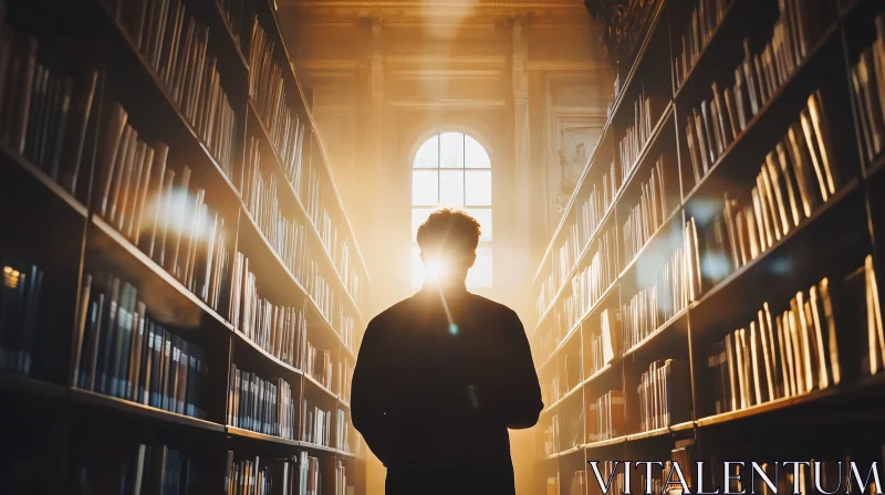 Silhouette in Library with Sunlight AI Image