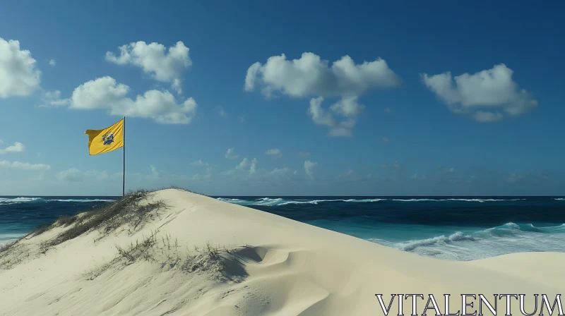 Ocean View with Sandy Dune and Yellow Flag AI Image