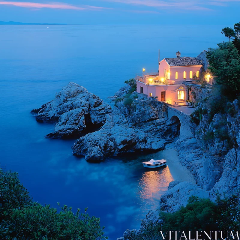 Serene Coastal Home at Dusk with Boat and Rocky Shore AI Image