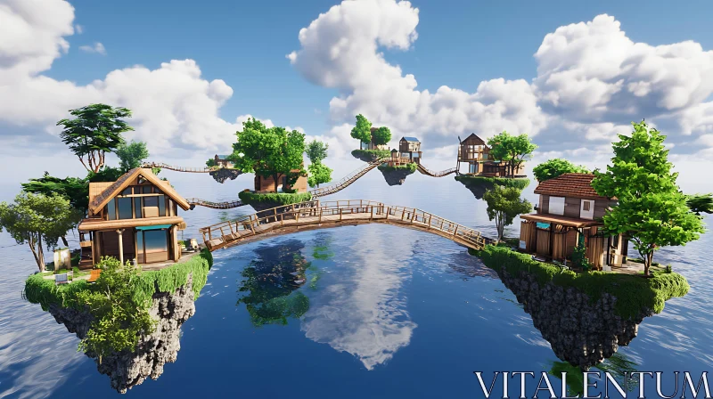 Serene Floating Islands Connected by Bridges AI Image