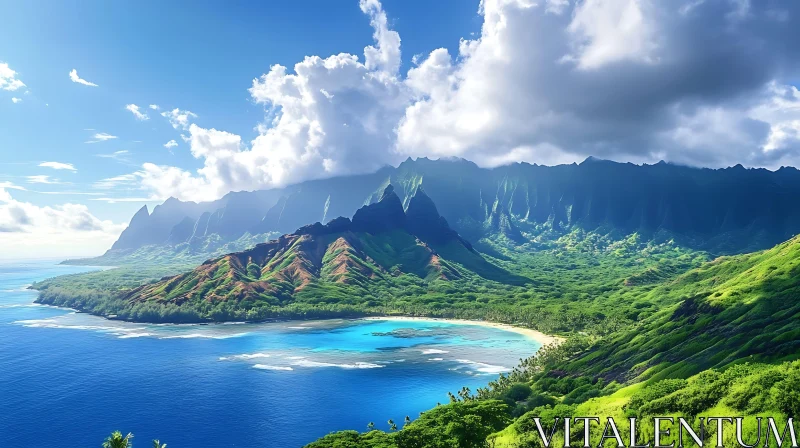 Tropical Island with Lush Green Hillsides and Stunning Ocean View AI Image