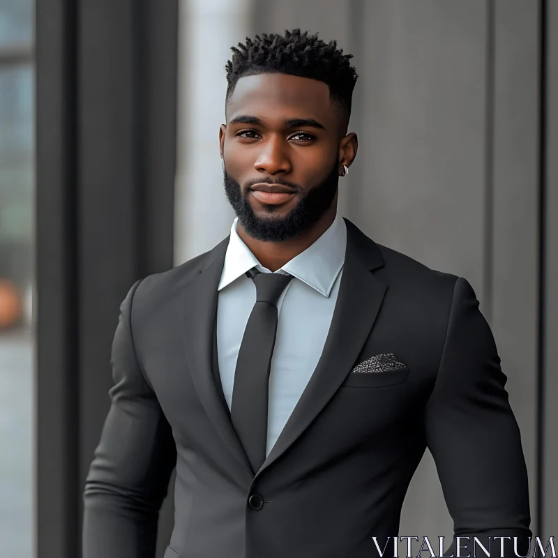 Man in Black Suit in Front of Modern Architecture AI Image