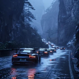 Cars Racing on Wet Forest Path