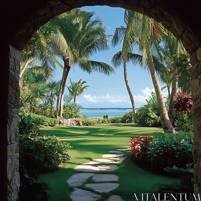 Tranquil Garden Path with Ocean View AI Image