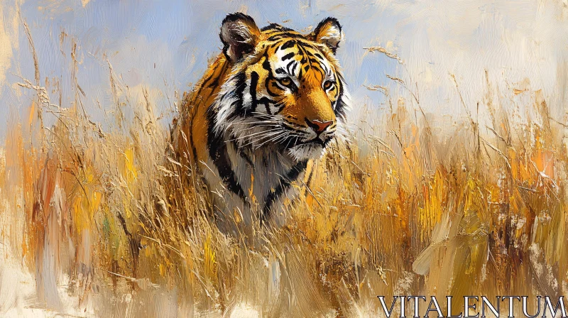 Tiger in Tall Grassland AI Image