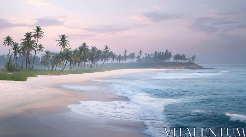 Misty Morning on a Tropical Beach with Palm Trees AI Image