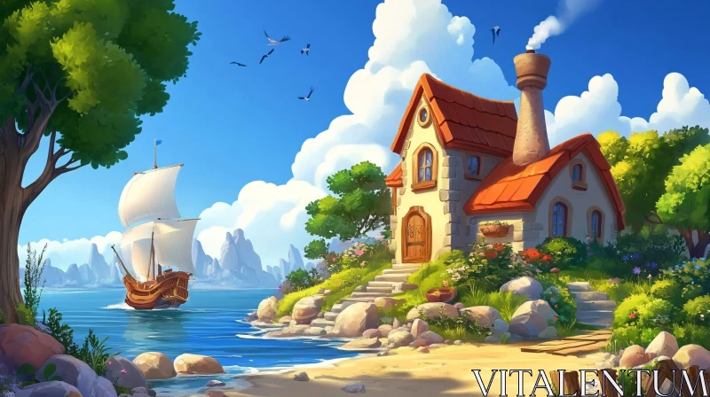 Idyllic Cottage by the Sea with Sailing Ship AI Image