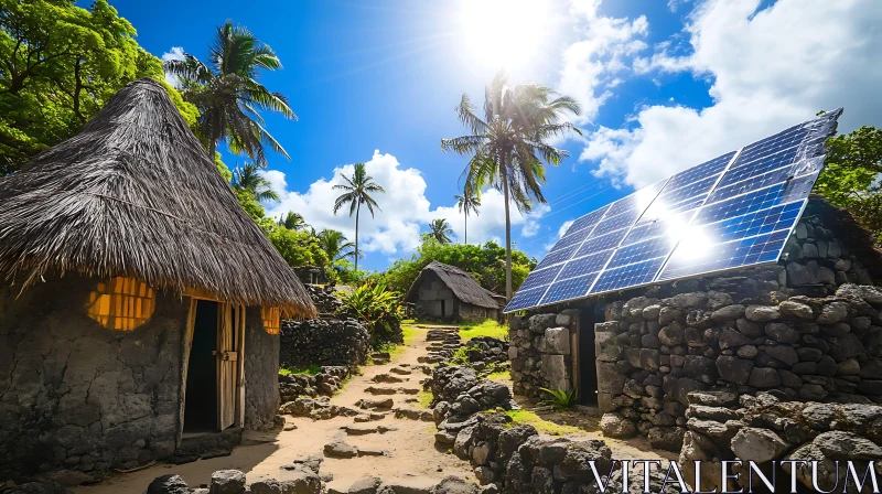 Island Living: Modern Solar Panels and Traditional Huts AI Image